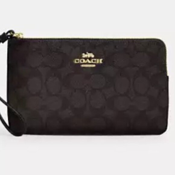 Coach Large Zip Signature Canvas Wristlet-Walnut Black Gold - Picture 1 of 5